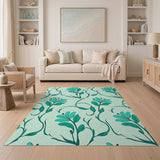 Teal Floral Leaves Area Rug on Mint