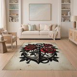 ODIKA Traditional Tattoo Anchor and Red Roses Washable Area Rug - Low Pile, Non-Slip, Pet & Kid Friendly