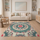 Teal Mandala Floral Area Rug with Coral Accents