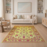 Yellow Persian Floral Area Rug with Pink Blooms