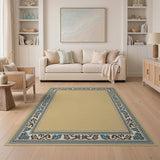 Beige and Neutral Beige Persian Rug with Teal Floral Border