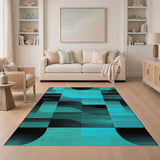 Blue and Teal Teal Black Geometric Abstract Area Rug