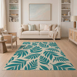 Coastal Beach Teal Palm Leaf Coastal Area Rug