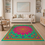 Vibrant Pink Lotus Mandala Teal Area Rug