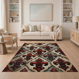 Red Fleur-de-Lis Distressed Vintage Area Rug