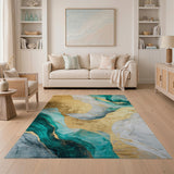 ODIKA Emerald Green & Gold Marble Abstract Washable Area Rug, Low Pile Non-Slip Carpet
