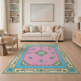 Ornate Pink Persian Area Rug with Blue Floral Border
