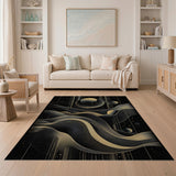 ODIKA Washable Gold & Black Cosmic Abstract Area Rug - Modern Low Pile Non-Slip Decor