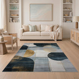 Blue and Teal Abstract Geometric Navy Blue Gold Area Rug