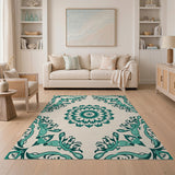 Teal Mandala Floral Area Rug with Birds