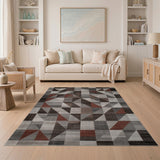 Grey Modern Geometric Grey Area Rug with Red Accents