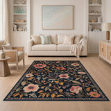 Navy Pink Poppy Floral Vintage Area Rug