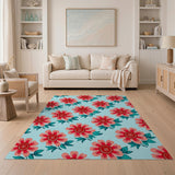 Vibrant Pink Flowers on Teal Area Rug