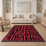 Red Bold Red Black Geometric Maze Area Rug