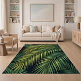 Vibrant Green Palm Frond Area Rug on Black