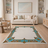 Elegant Teal Gold Ornate Floral Border Rug