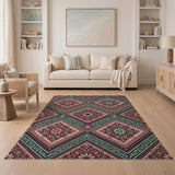 Teal Burgundy Mandala Diamond Area Rug