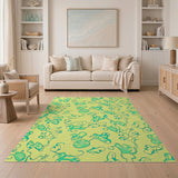 Whimsical Teal Leaf Swirls on Yellow Area Rug