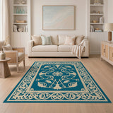 Teal Persian Floral Area Rug with Ornate Cream Border