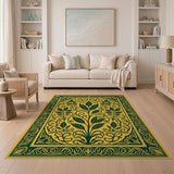 ODIKA Vintage Botanical Washable Area Rug - Yellow & Forest Green Low Pile Non-Slip Carpet