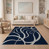Navy Blue Swirl Abstract Area Rug