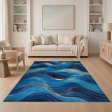 Abstract Blue Waves with Gold Accents Area Rug