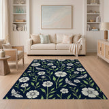 White Anemone Flowers Moths Navy Pattern Area Rug