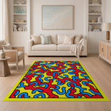 Vibrant Red Blue Squiggle Abstract Area Rug