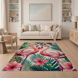 Pink Flamingos with Tropical Leaves Hibiscus Rug