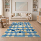 Blue Gingham Cartoon Houses Area Rug
