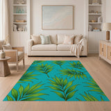 Lush Green Palm Fronds on Teal Area Rug