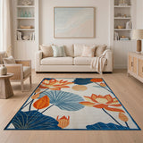 Teal Lotus Flower Area Rug with Orange Blooms