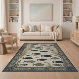 Navy Fish Coastal Area Rug with Cream Field