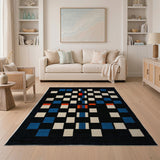 Geometric Modern Block Rug in Blue Red Black