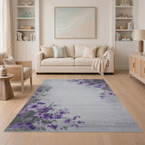Purple Floral Distressed Grey Area Rug