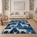 Navy Blue Deer Silhouette Wave Pattern Area Rug