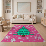 Festive Pink Christmas Tree Snowflake Rug