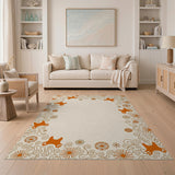 Whimsical Orange Fox Floral Border Rug