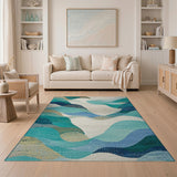 Blue and Teal Teal Blue Abstract Ocean Wave Area Rug