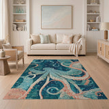 Blue and Teal Teal Octopus Deep Sea Area Rug