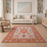 ODIKA Washable Oriental Area Rug - Orange & Pink Floral Medallion, Low Pile Non-Slip Pet Friendly Rug