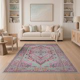 Vibrant Teal Pink Heritage Tribal Area Rug