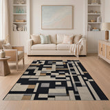 Modern Geometric Black Neutral Block Rug