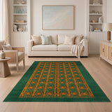 Teal Green and Burnt Orange Tribal Feather Rug