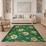 Emerald Green Floral Vintage Area Rug with Cream Blooms