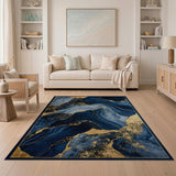 ODIKA Washable Navy Blue and Gold Marble Abstract Area Rug - Low Pile Non-Slip Carpet