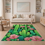 Vibrant Green Cactus Pink Flower Area Rug