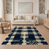 Navy Beige Plaid Woven Area Rug