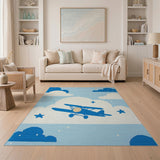 Whimsical Blue Airplane Clouds Stars Kids Area Rug