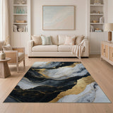 Gold and Silver Gold Veined Black Marble Abstract Area Rug